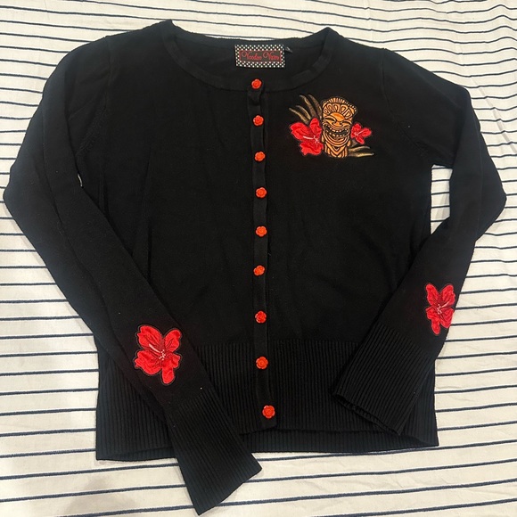 Voodoo Vixen Sweaters - Voodoo Vixen Black Tiki Cardigan with Red Floral Embroidery